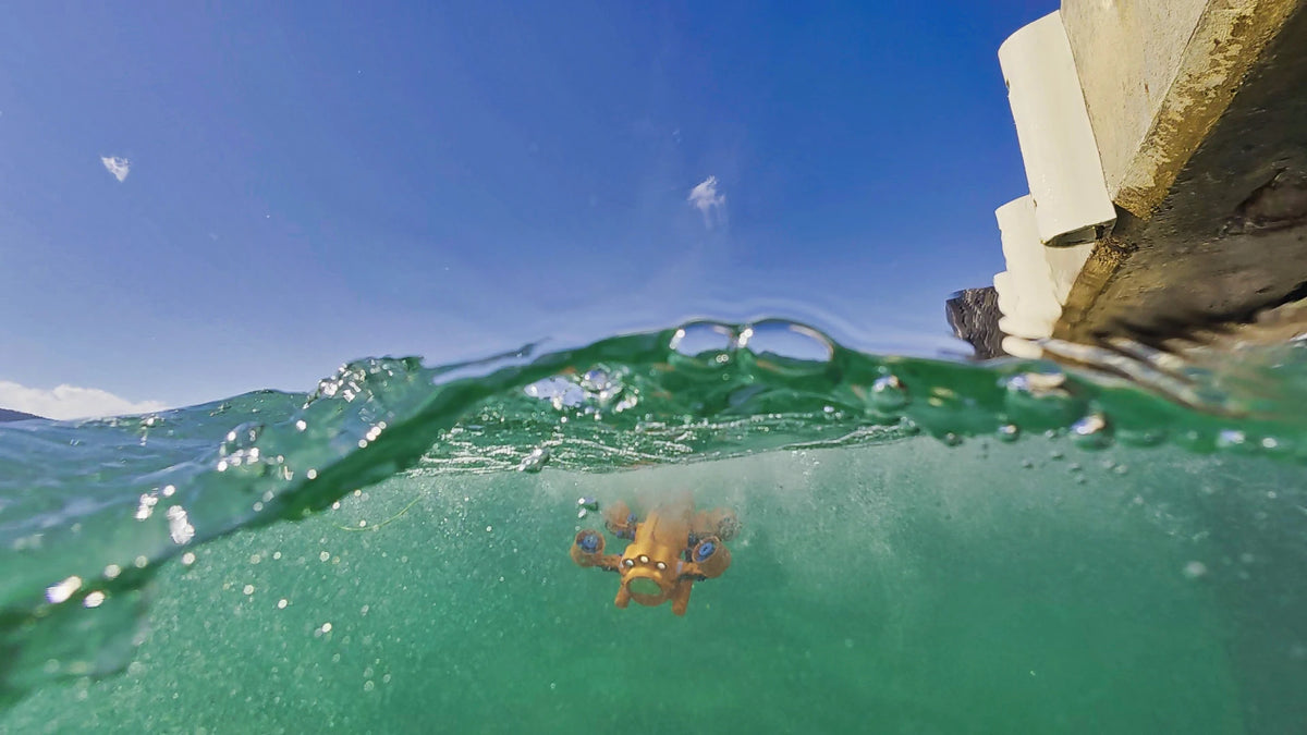 Drone sous-marin BentiX plongeant sous la surface près d'une coque de bateau, vue mi-air mi-eau